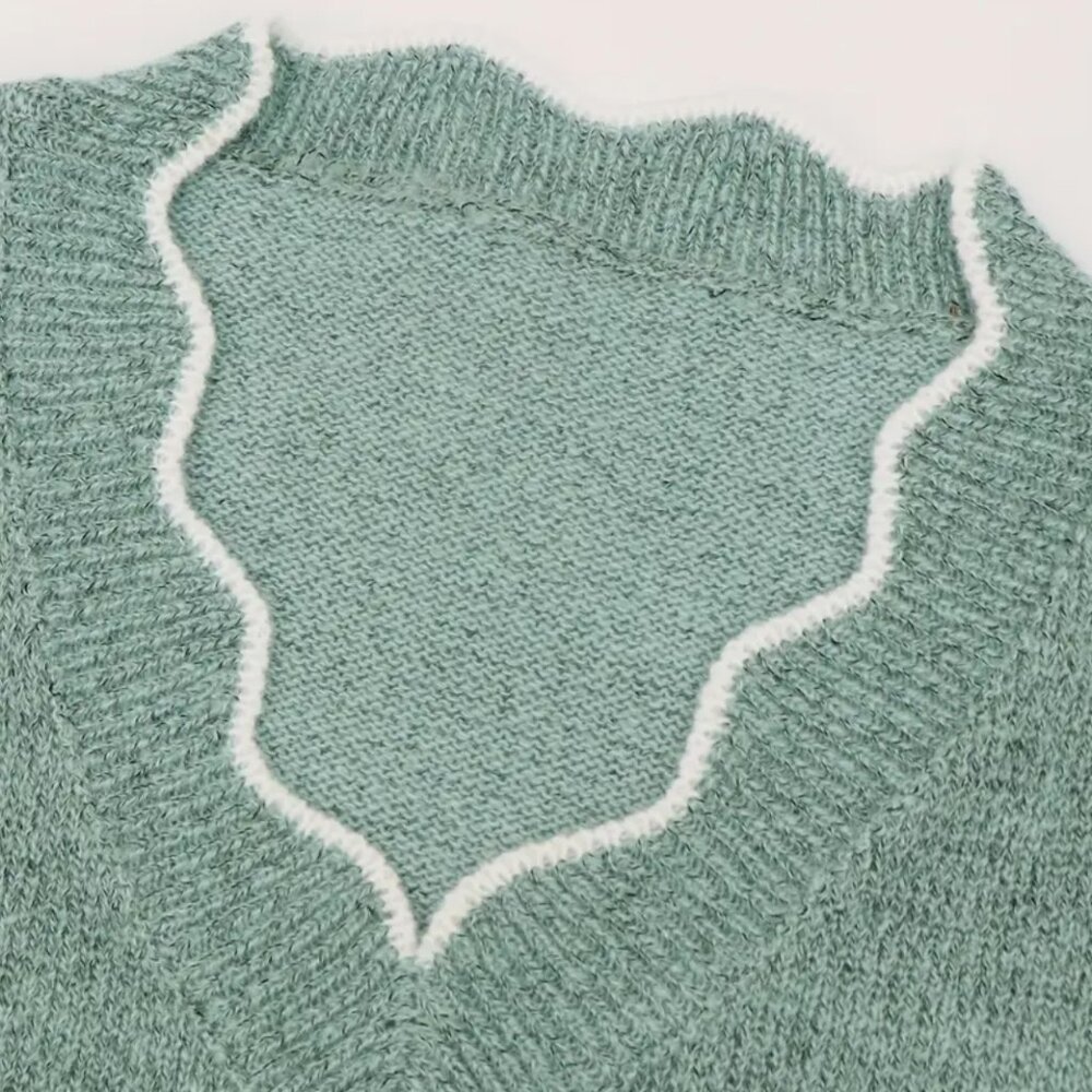 Women's Plus Color Block Long Sleeve V Neck Floral Trim Casual Sweater - Picture 3 of 6